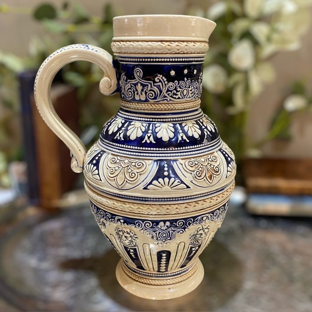 Vintage Westerwald German Salt Glazed Stoneware Relief Pitcher Jug Ewer Cobalt